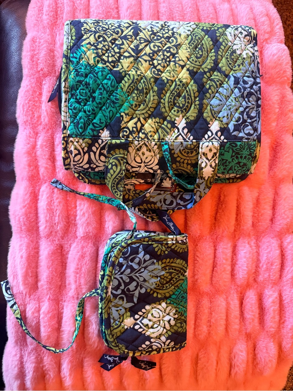 Vera Bradley Quilted Green Paisley cosmetic Bag with Zip Pouch
